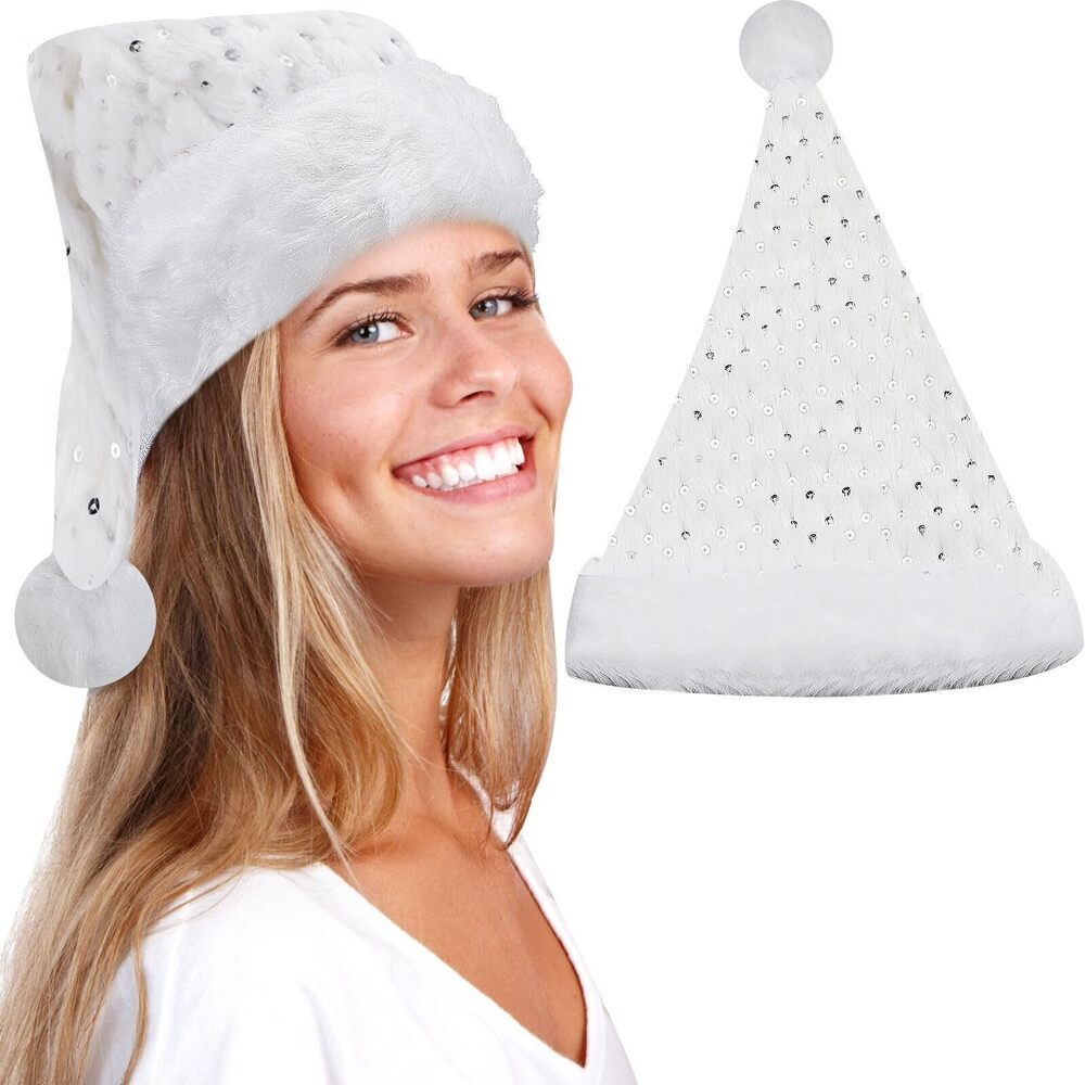 5962 2 Pcs Christmas Hat Adult White Silver Plush Unisex Comfort Santa Hat